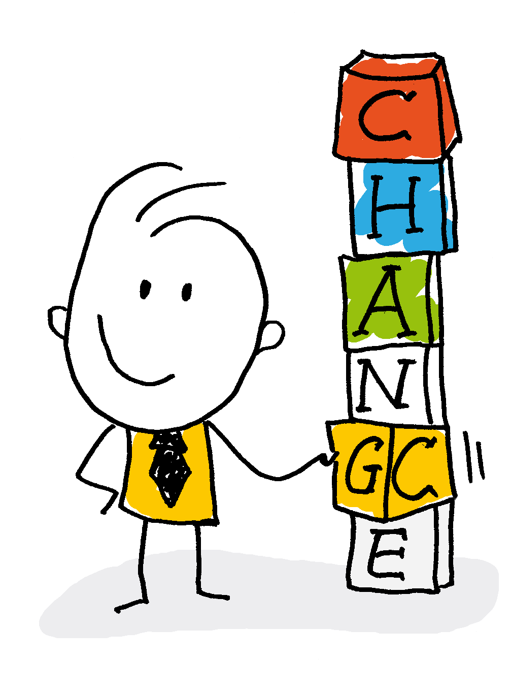 Cartoon einer Person mit Krawatte, die stolz einen Turm aus Buchstabenblöcken hält, die das Wort 'CHANGE' bilden.