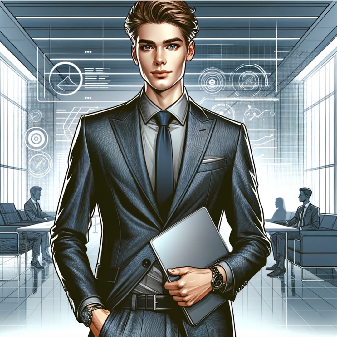 Illustration eines Geschäftsmannes mit Laptop in futuristischem Büro. Dunkler Anzug, elegante Krawatte. Modernes, technologieorientiertes Design.
