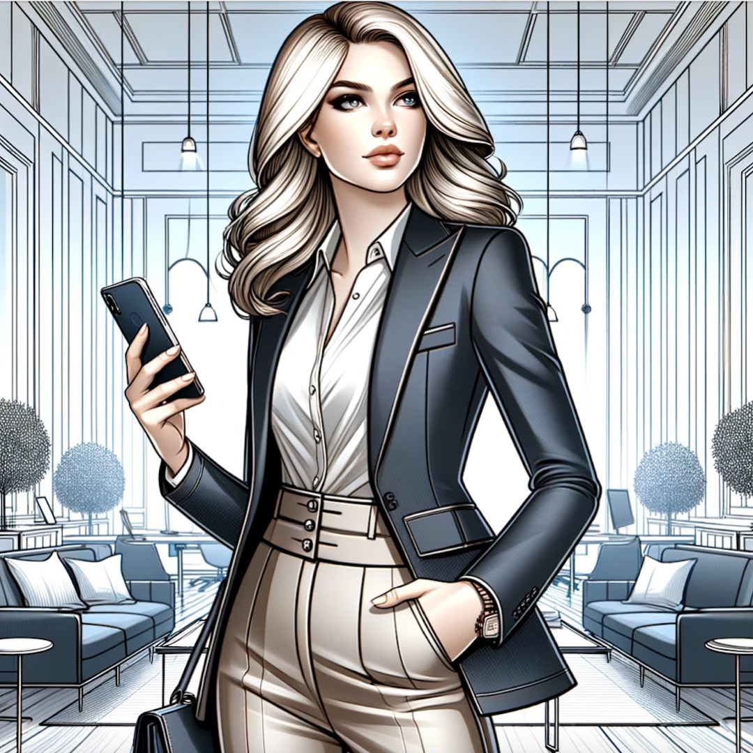 Illustrierte Geschäftsfrau mit Smartphone in modernem Büro. Blondes Haar, dunkler Blazer, helle Bluse. Professionelles, luxuriöses Ambiente.